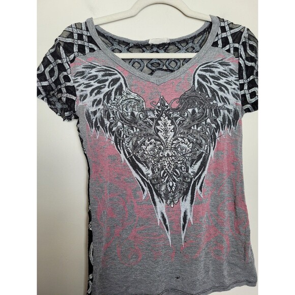 Angels & Diamonds Graphic T-Shirt Demonia Affliction Goth Emo Grunge Mesh Small - Picture 2 of 12